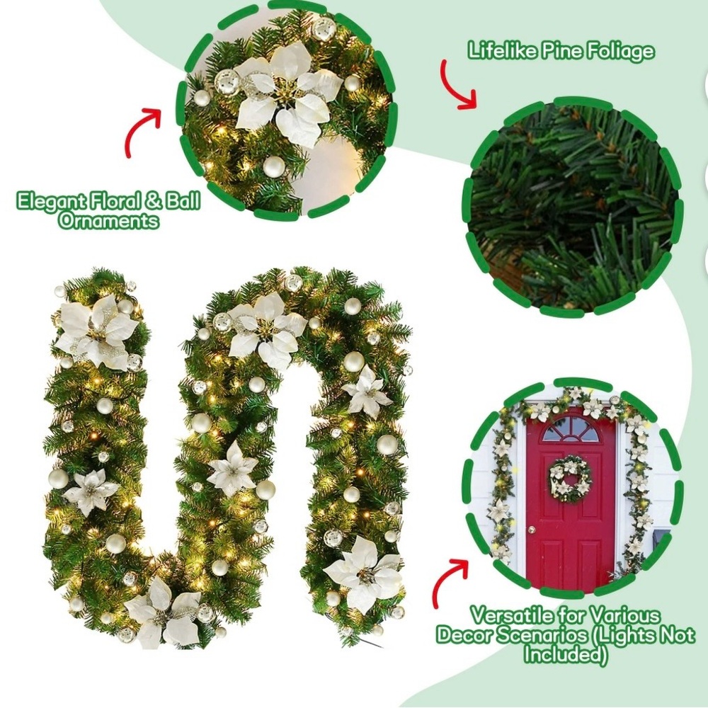 Holiday Garland with White Floral and Ball Ornaments